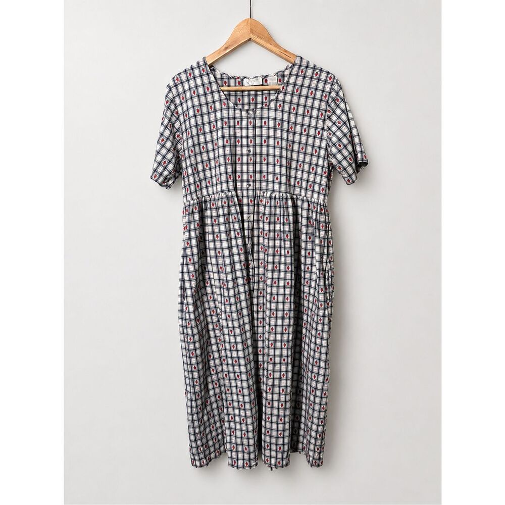 Go Softly Embroidered Strawberry Checkered Babydoll Dress M Cottagecore Cotton